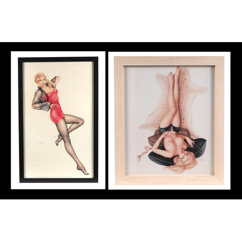 1498 - After Vargas - two 1950's coloured prints depicting pin-up girls in provocative poses, both framed (... 