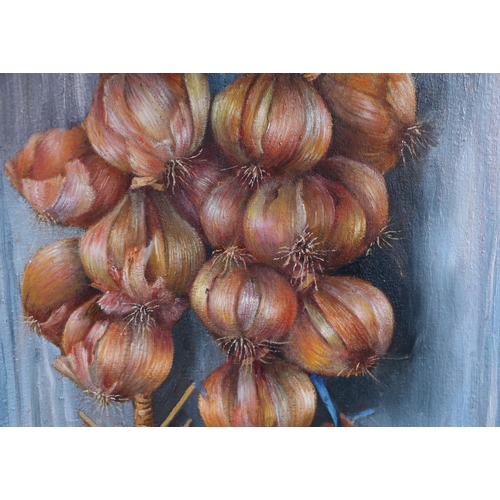 1499 - Continental school - Still Life of Garlic and Onions - oil on panel, 30 by 60cms, unframed.