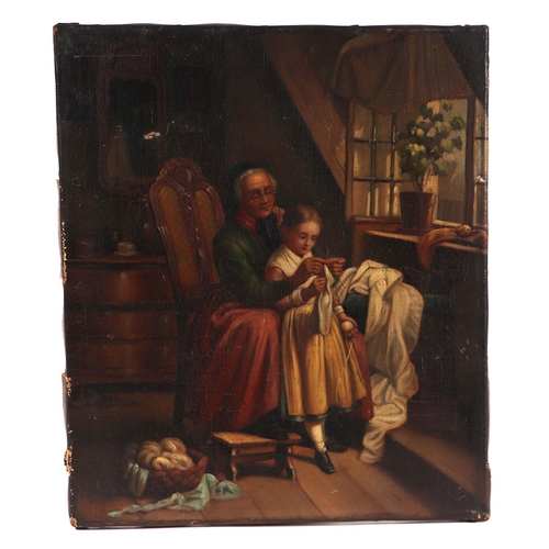 1501 - Victorian school - Cottage Interior Scene with an Old Lady and Young Girl Sewing - oil on canvas, 21... 