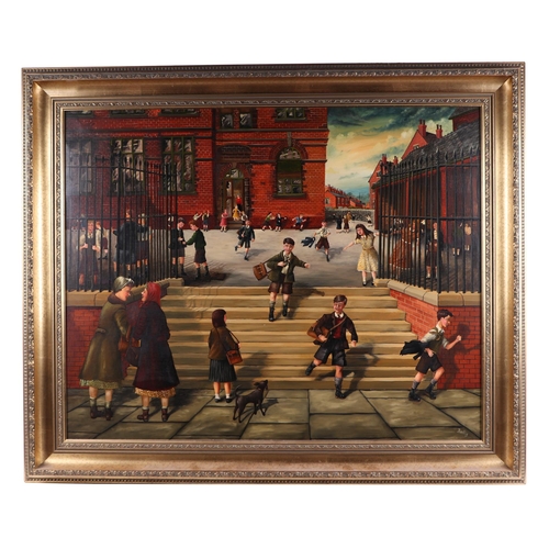 1514 - Eric Bellis (British b1946) - School Playground Scene - oil on canvas, signed lower right, 60 by 75c... 