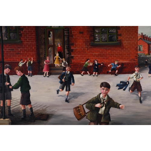 1514 - Eric Bellis (British b1946) - School Playground Scene - oil on canvas, signed lower right, 60 by 75c... 