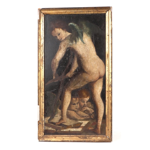 1526 - 19th century continental school - A Winged Demon Standing Above Two Cherubs - oil on panel, framed, ... 