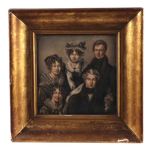 1529 - A 19th century finely drawn crayon portrait miniature group of six family members, many family detai... 