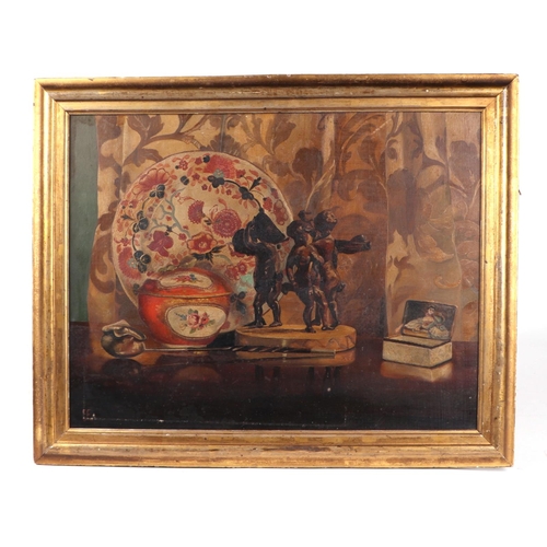 1530 - Victorian School, Still life antiques on a table, initialled EGF (?) lower left corner, oil on canva... 