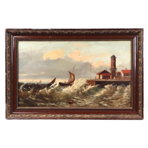 1533 - W Wood (19th century English school) - Harbour Scene with Boats in Rough Seas - oil on canvas, signe... 