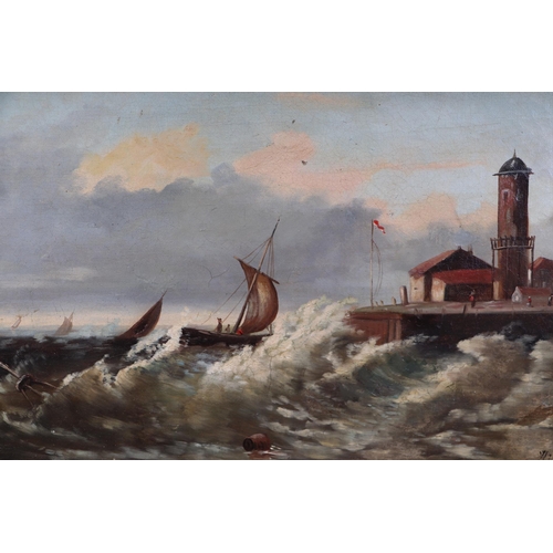 1533 - W Wood (19th century English school) - Harbour Scene with Boats in Rough Seas - oil on canvas, signe... 