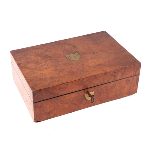 1561 - A 19th century burr walnut work box with fitted interior and lift-out tray, 24cms wide.