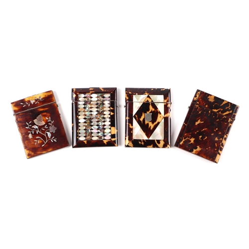 1565 - A Victorian tortoiseshell and mother of pearl visiting card case; together with three similar (4).