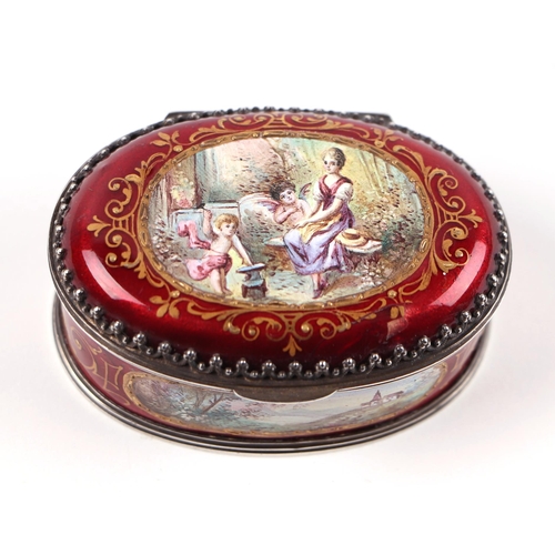 1567 - A continental (Austrian) oval enamel box decorated with figures and landscapes within panels with gi... 