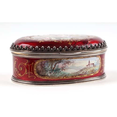 1567 - A continental (Austrian) oval enamel box decorated with figures and landscapes within panels with gi... 