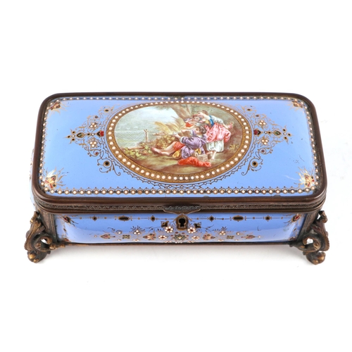 1574 - A 19th century French enamel and ormolu mounted trinket box with blue ground and jewelling, the top ... 