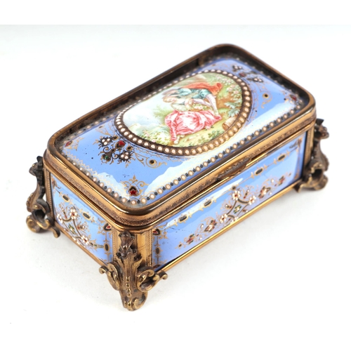 1575 - A 19th century French enamel and ormolu mounted trinket box with blue ground and jewelling, the top ... 