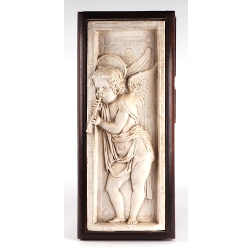 1578 - A pair of Arts & Crafts plaster relief plaques decorated with angels playing trumpets, mounted in oa... 