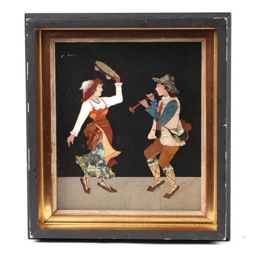 1584 - An Italian pietra dura inlaid plaque depicting dancing peasants, framed, 14 by 17cms.