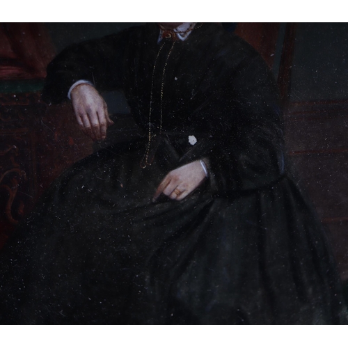 159 - A Victorian overpainted print depicting a lady in mourning dress, 17 by 21cms, framed & glazed.