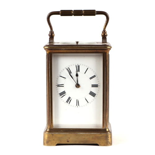 1692 - A French repeating carriage clock, the white enamel dial with Roman numerals, fitted an 8-day moveme... 