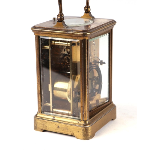 1692 - A French repeating carriage clock, the white enamel dial with Roman numerals, fitted an 8-day moveme... 