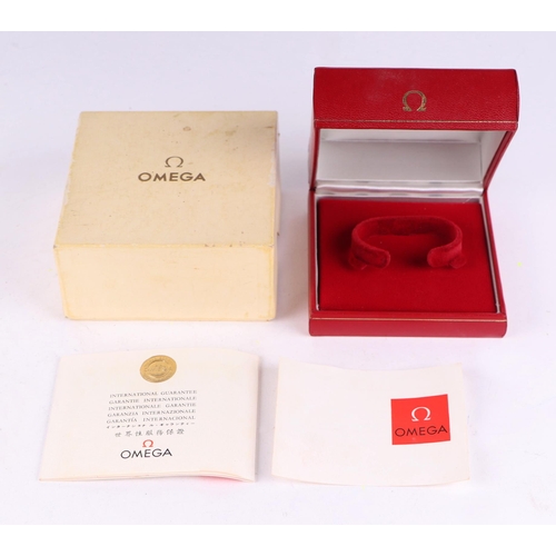 1695 - A 1965 red leather Omega box with guarantee and outer cardboard box.