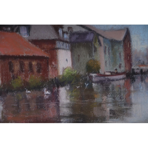 170 - Sheelah Michalski, Norwich river scene, signed and dated 1982 lower right corner, pastel, framed and... 