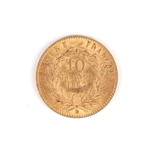 1710 - A French gold 1862 10 franc coin, 3.2g.