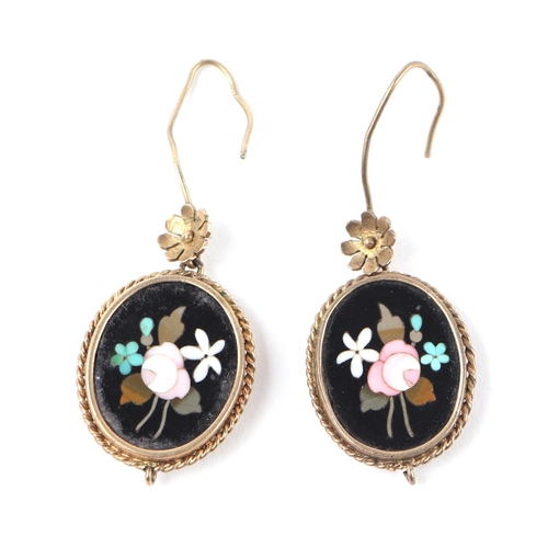 1820 - A pair of 19th century Italian Pietra Dura drop earrings, the oval panels decorated flowers.. 3cm hi... 