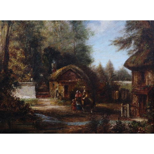 188 - 19th century English school - Rural Scene with Cottages and Figures - oil on canvas, 34 by 44cms, fr... 