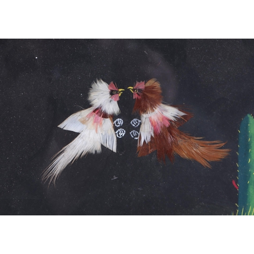 194 - 20th century British school - a feather picture heightened with gouache depicting cock fighting, 54 ... 