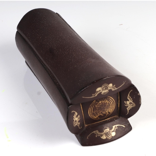 1963 - A 19th century Chinese lacquer box with sliding lid, possibly a wrist rest, decorated bats, heron an... 