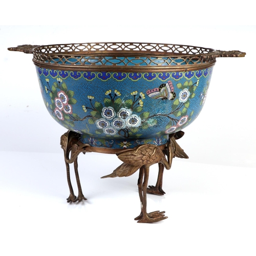 1964 - A 19th century Chinese ormolu mounted cloisonne punch bowl, decorated butterflies and flowers on a t... 