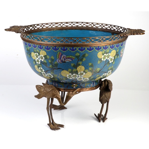 1964 - A 19th century Chinese ormolu mounted cloisonne punch bowl, decorated butterflies and flowers on a t... 