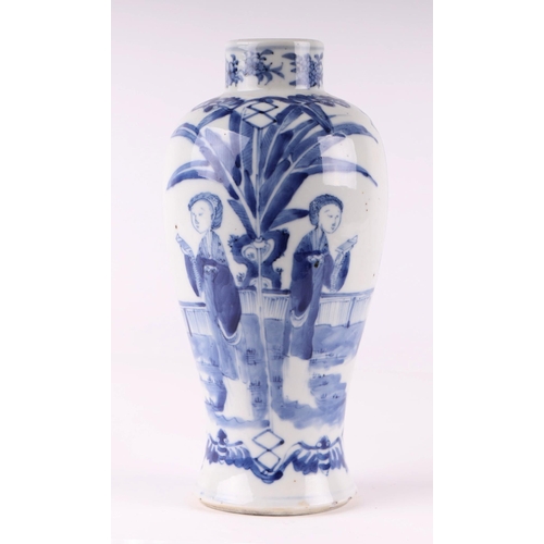 1975 - A Chinese blue and white vase, decorated figures on a terrace, with four character blue mark to the ... 