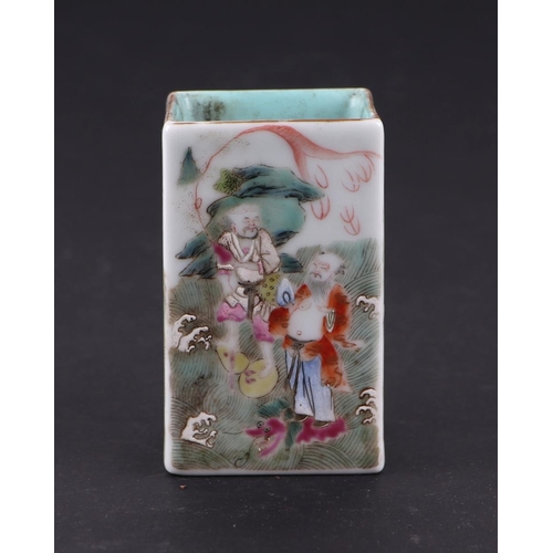 1978 - A Chinese famille rose square form brush pot decorated figures within a landscape, red seal mark to ... 