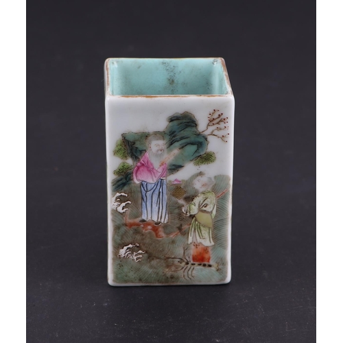 1978 - A Chinese famille rose square form brush pot decorated figures within a landscape, red seal mark to ... 