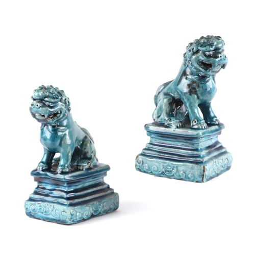 1979 - A pair of Chinese turquoise glazed temple lions on plinths, 18cms high (2).