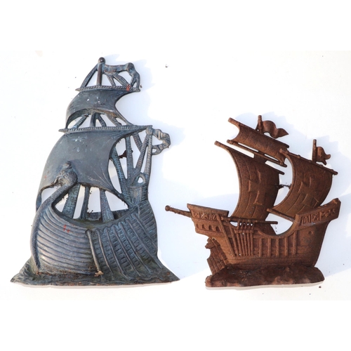 2008 - Two cast iron door stops in the form of galleons, 40cm and 30cm high (2)