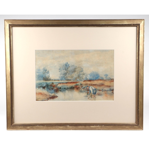 201 - E S Martin - A Summer's Day - a young boy playing with a pond yacht, signed lower left, watercolour,... 