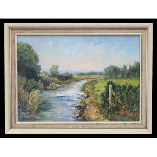 202 - Kate Fisher (modern British - Riverside Walk - signed lower left, oil on board, framed, 34 by 24cms.