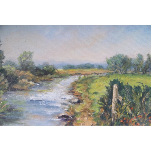 202 - Kate Fisher (modern British - Riverside Walk - signed lower left, oil on board, framed, 34 by 24cms.