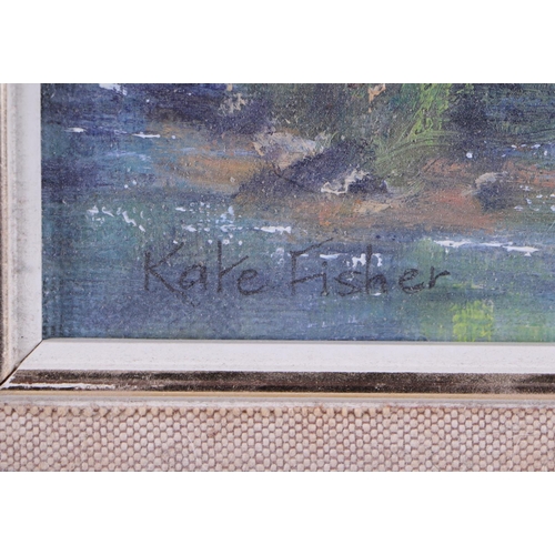 202 - Kate Fisher (modern British - Riverside Walk - signed lower left, oil on board, framed, 34 by 24cms.