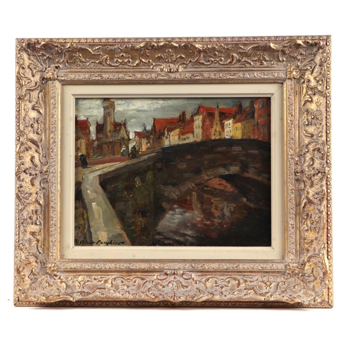 215 - Nestor Cambier (Belgian 1879-1957) - Bruges River Scene with a Bridge - signed lower left, oil on bo... 