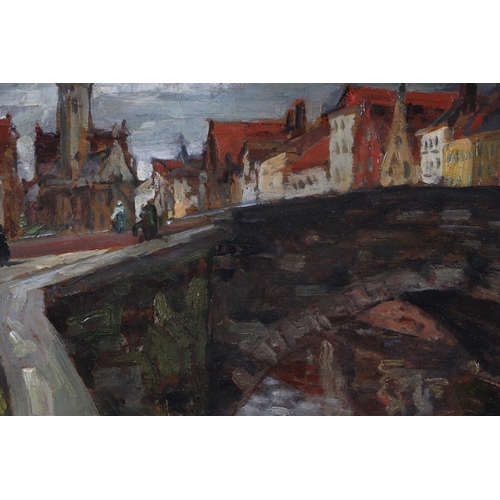 215 - Nestor Cambier (Belgian 1879-1957) - Bruges River Scene with a Bridge - signed lower left, oil on bo... 