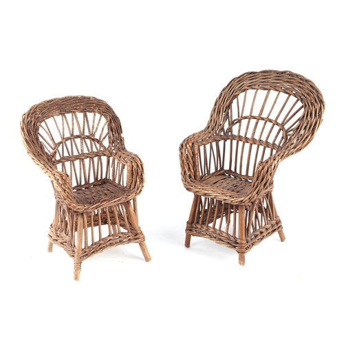 234 - A wicker work doll's peacock style chair, 28cms high; together with another similar, 24cms high (2).