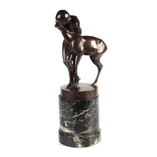 259 - An early 20th century bronze group depicting a woman embracing a deer, signed 'H K Scholz, 1919', mo... 