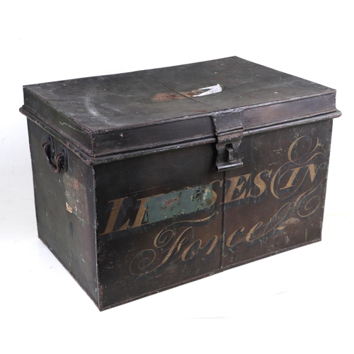 265 - A painted tin deeds trunk, the front panel having painted calligraphy 'LEASES IN FORCE' 48cm wide