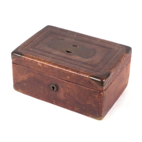 274 - A tooled leather jewellery box with concealed brass carry handle and reinforced brass corners, 20cms... 