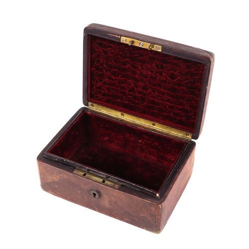 274 - A tooled leather jewellery box with concealed brass carry handle and reinforced brass corners, 20cms... 