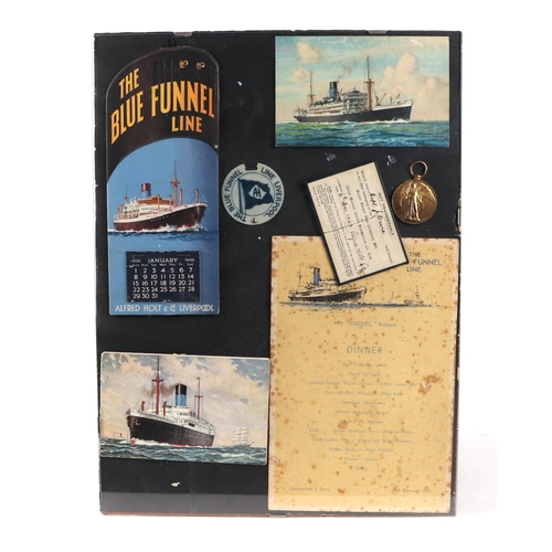 282 - A group of Blue Funnel Line memorabilia including an ex captain open ticket, and a WWI Victory medal... 