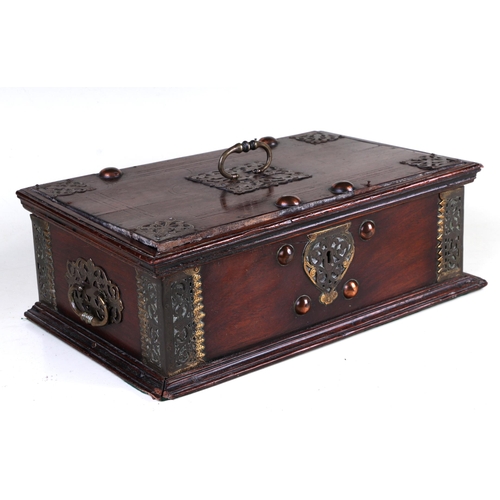 298 - An 18th century Dutch colonial brass and copper mounted hardwood box with two carrying handles, 42cm... 