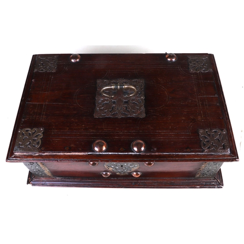 298 - An 18th century Dutch colonial brass and copper mounted hardwood box with two carrying handles, 42cm... 