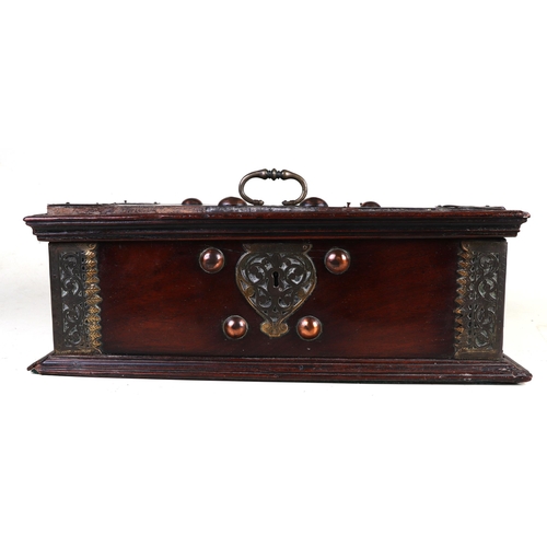 298 - An 18th century Dutch colonial brass and copper mounted hardwood box with two carrying handles, 42cm... 